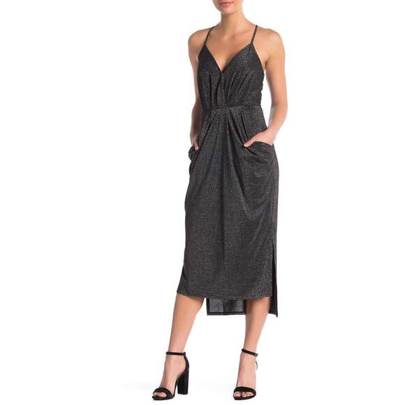 NWT BCBGeneration Metallic Black Drape Pocket Halter Strappy Midi Dress Size M - Picture 2 of 5